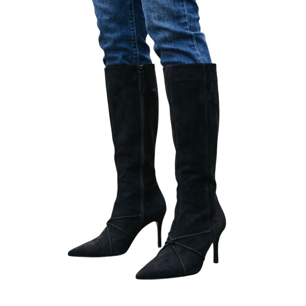 PAOLO Black Suede Heeled Pointy Toe Boot Size 9M